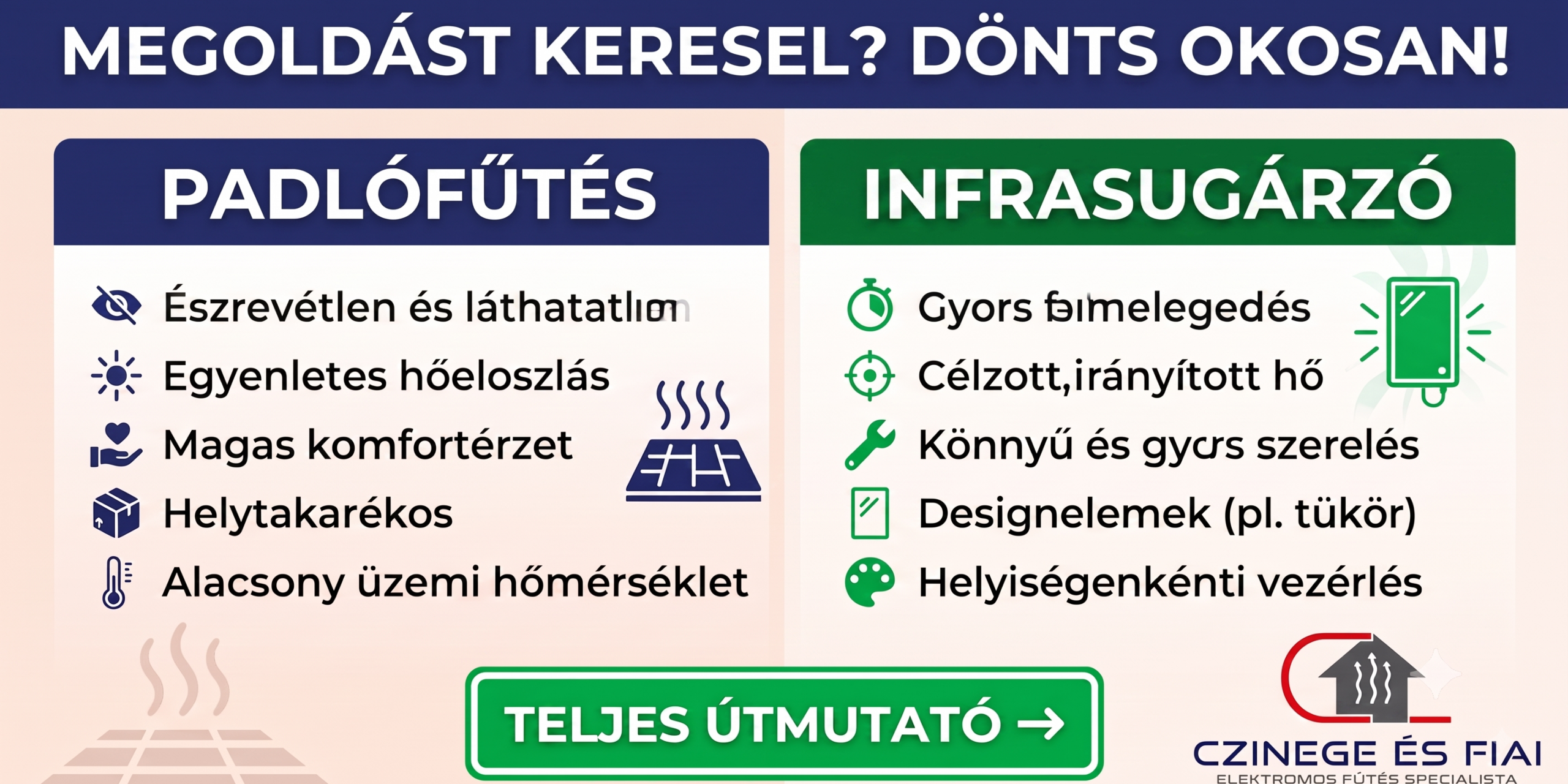 padlofutes-vagy-infrapanel-osszehasonlitas-czinege Padlófűtés vagy infrapanel összehasonlítás — előnyök táblázata: egyenletes hőeloszlás, komfortérzet, gyors felmelegedés, helyiségenkénti vezérlés | Czinege és Fiai elektromos fűtés specialista