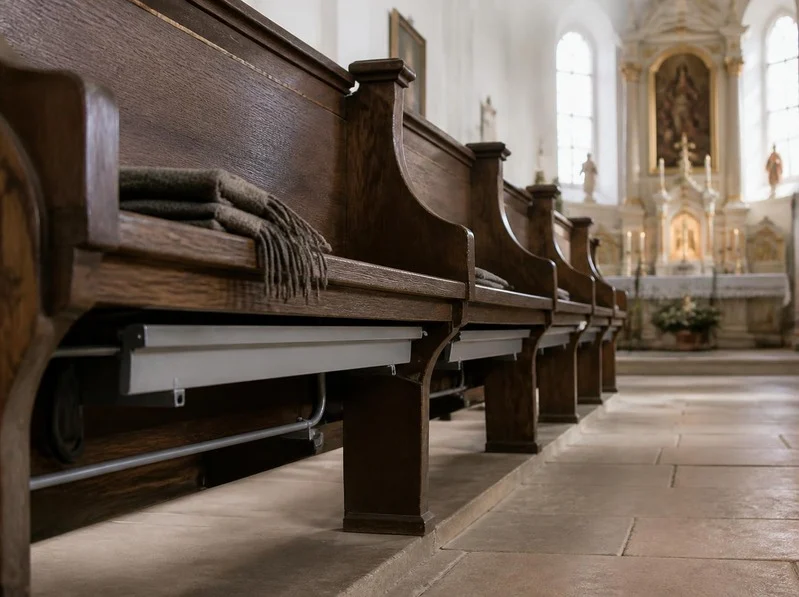 Templomi padfűtés: elektromos fűtőpanelek a templompadok ülőlapja alá szerelve, falusi templomban.